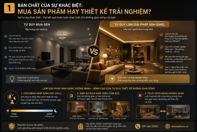MUA ĐÈN VÀ LÀM GIẢI PHÁP ÁNH SÁNG: HAI TƯ DUY KHÁC BIỆT ĐỊNH HÌNH TỔ ẤM